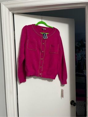 Bright Pink Chain-Trim Cardigan Sweater